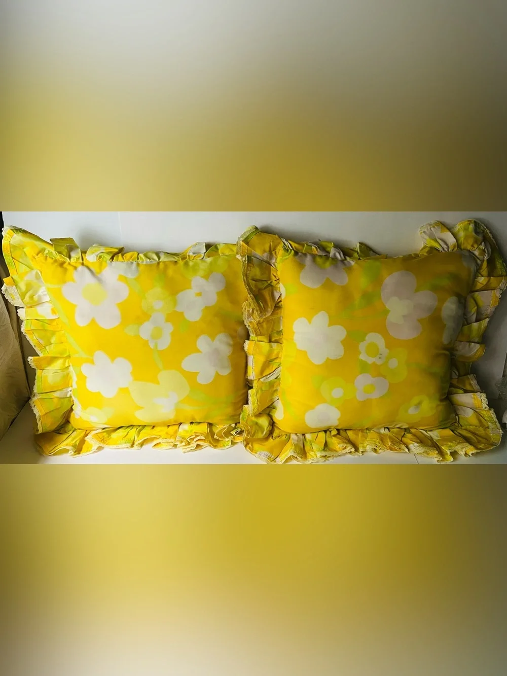 Vintage set of twoYellow Tulip Quilted Pillows with Ruffle Trim